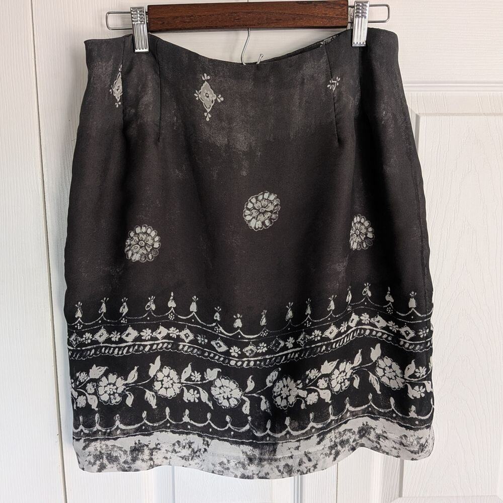Vintage Kemp Collection Artsy Floral Border Print Skirt Black & White  Size 16